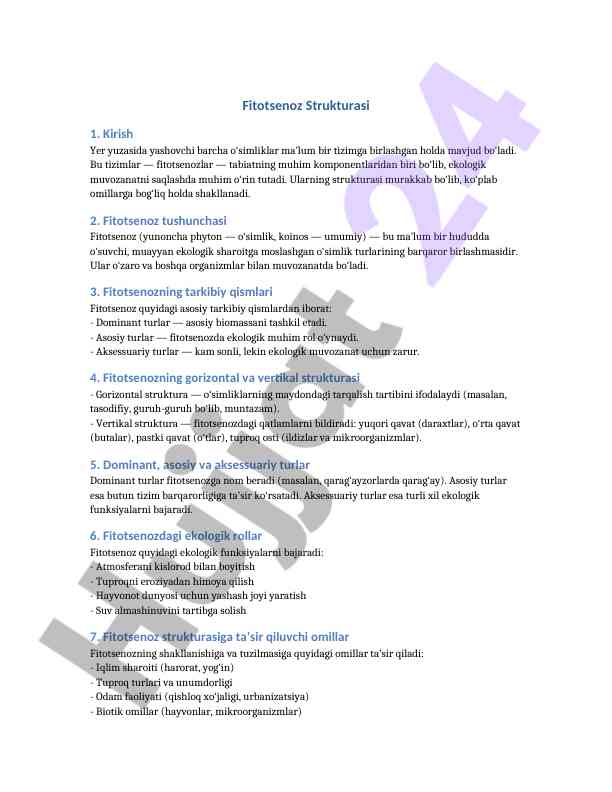 Fitotsenoz strukturasi va turlari haqida ma'lumot