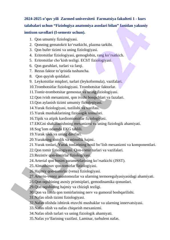 Fiziologiya anatomiya asoslari bo'yicha imtihon savollari
