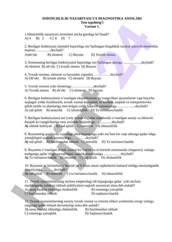 Ishonchlilik nazariyasi test topshiriqlari variant 1