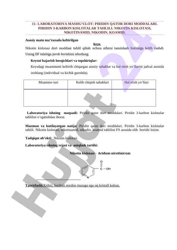 Piridin qator dori moddalari laboratoriya mashg‘uloti