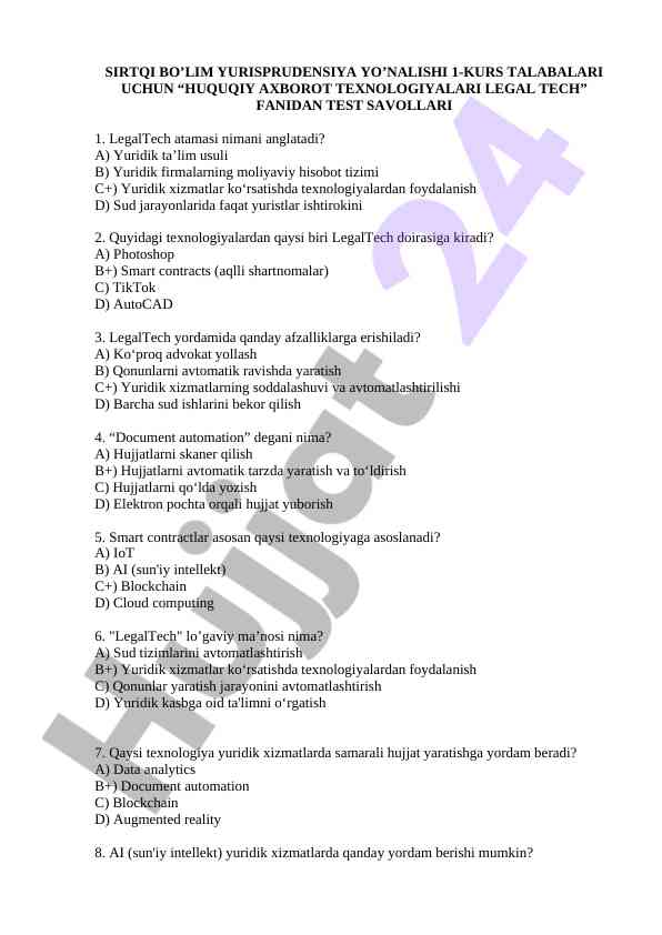 Huquqiy axborot texnologiyalari legal tech test savollari