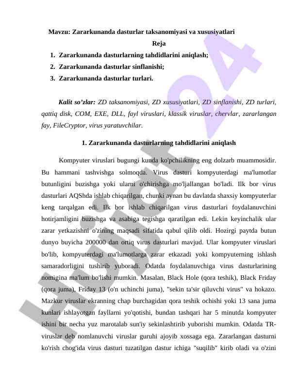 Zararkunanda dasturlar taksanomiyasi va xususiyatlari