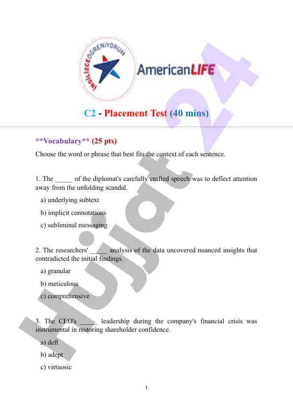 C2 placement test in vocabulary and grammar
