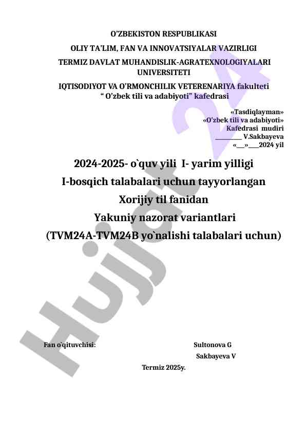 Xorijiy til fanidan yakuniy nazorat variantlari