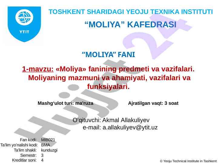 Moliya fanining predmeti va vazifalari