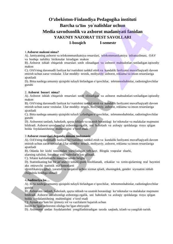 Media savodxonlik va axborot madaniyati test savollari