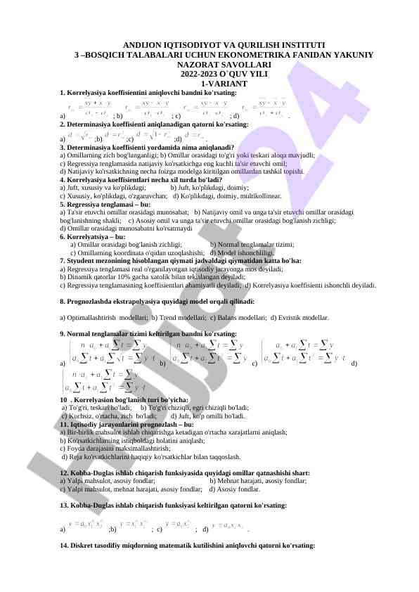 Ekonometrika fanidan yakuniy nazorat savollari 2022-2023