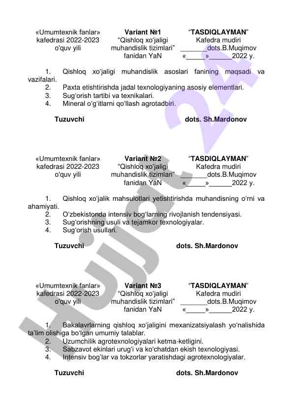 Qishloq xo‘jaligi muhandislik tizimlari fanidan kurs ishlari