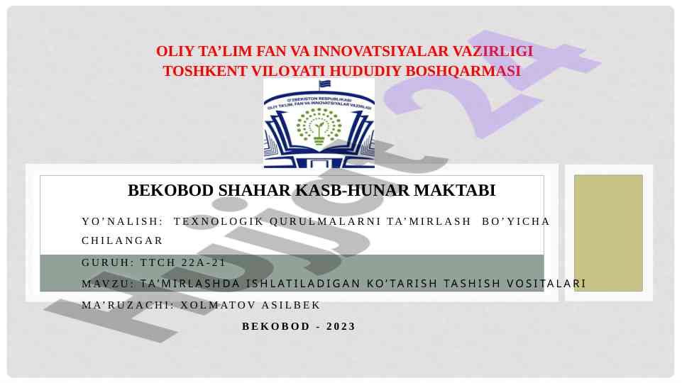 Ko’tarish tashish vositalari ta’mirlash tahlili