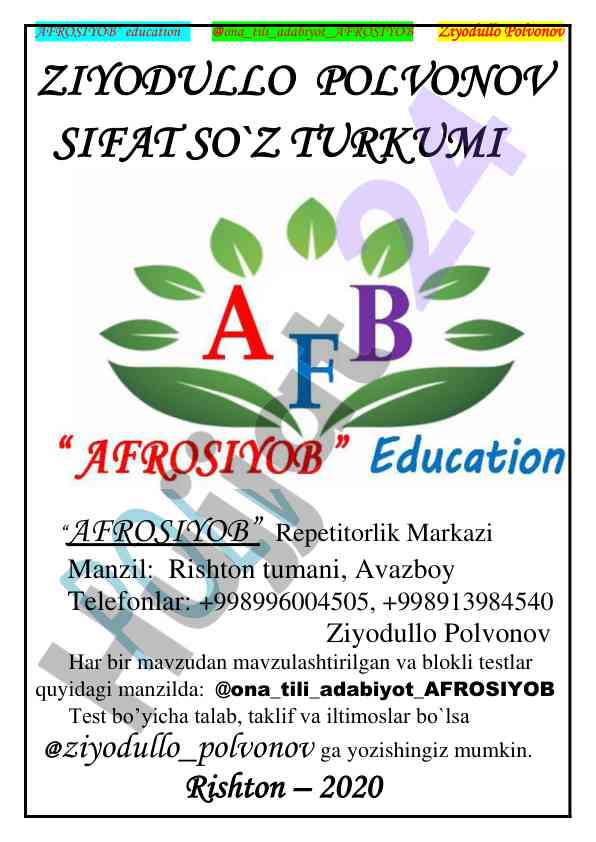 Sifat so'z turkumi testlari va mavzulari
