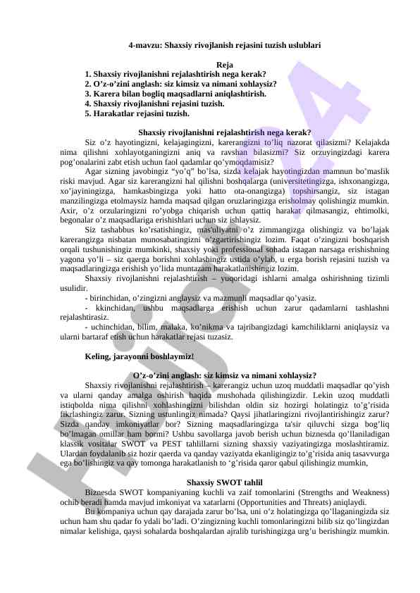 Shaxsiy rivojlanish rejasini tuzish uslublari