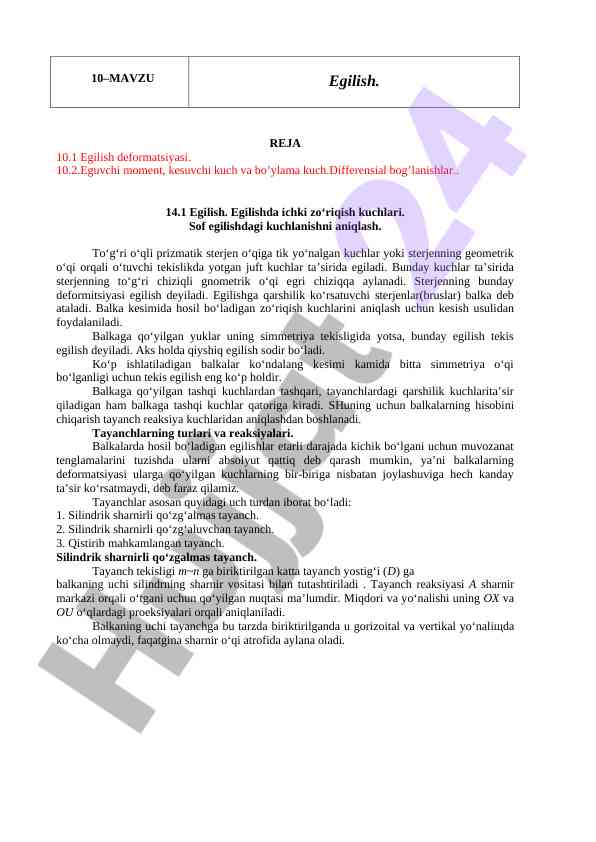 Egilish deformatsiyasi va kesuvchi kuchlar