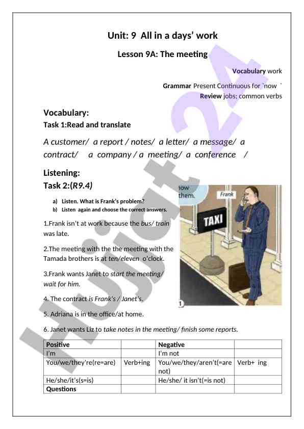 Present continuous and meeting vocabulary lesson