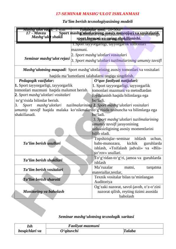 Seminar mashg‘ulot ishlanmasi ta’lim texnologiyasi