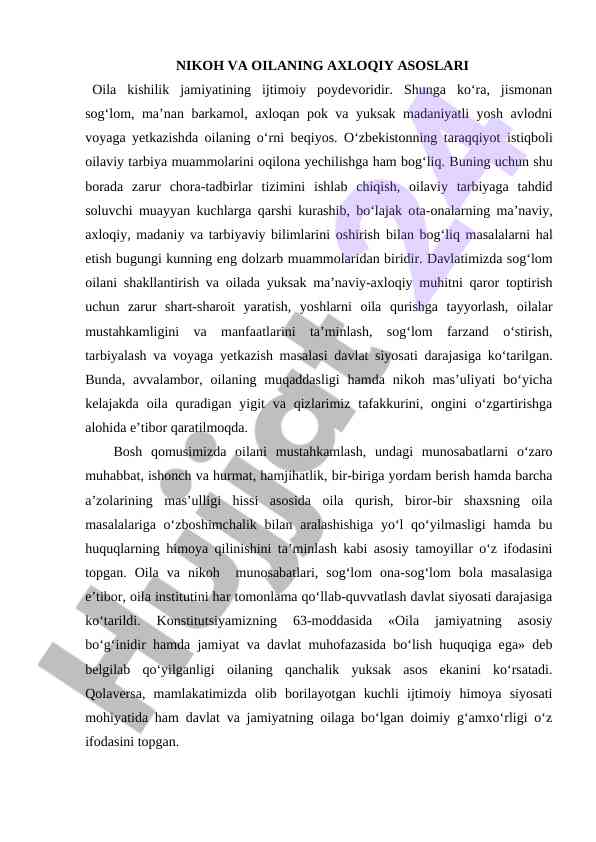 Nikoh Va Oilaning Axloqiy Asoslari