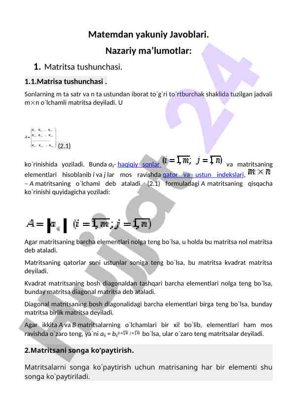 Matritsa tushunchasi va turlari to'liq tahlil