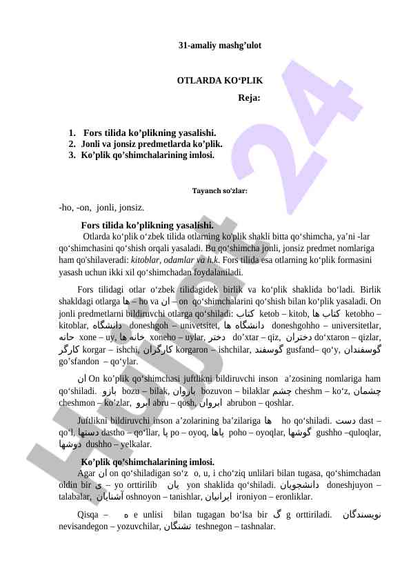 Fors tilida ko'plikning yasalishi o'lchovi