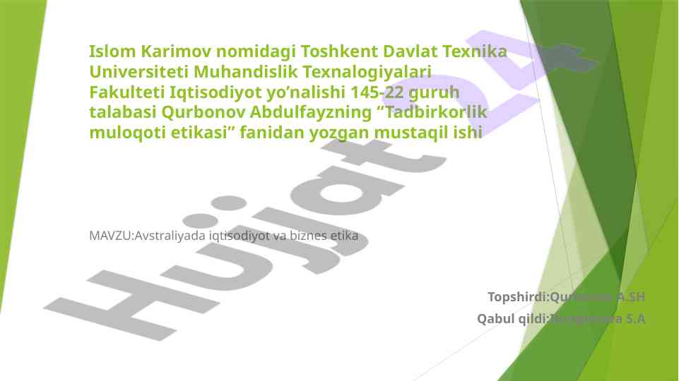 Avstraliyada iqtisodiyot va biznes etika tadbirkorlik