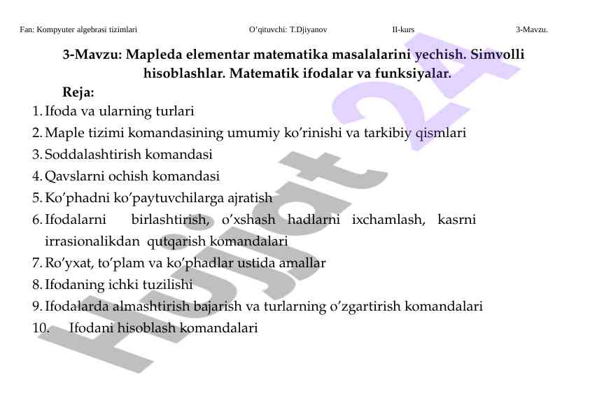 Mapleda elementar matematika masalalarini yechish