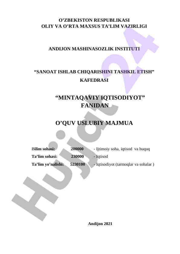 Mintaqaviy iqtisodiyot fanidan o‘quv uslubiy majmua