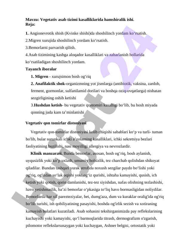 Vegetativ asab tizimi kasalliklarida hamshiralik ishlari