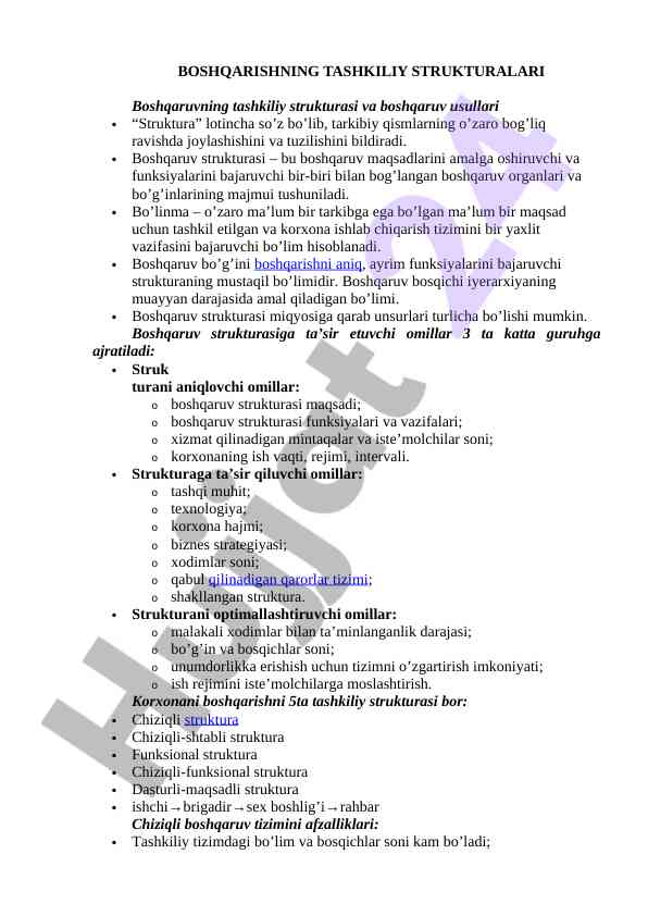 Boshqarishning tashkiliy strukturasi va usullari