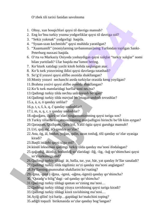 Savolnoma o‘zbek tili tarixi fanidan