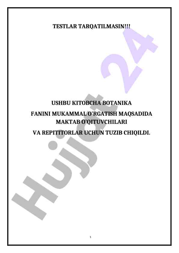 Botanika fani uchun testlar kitobchasining tavsifi