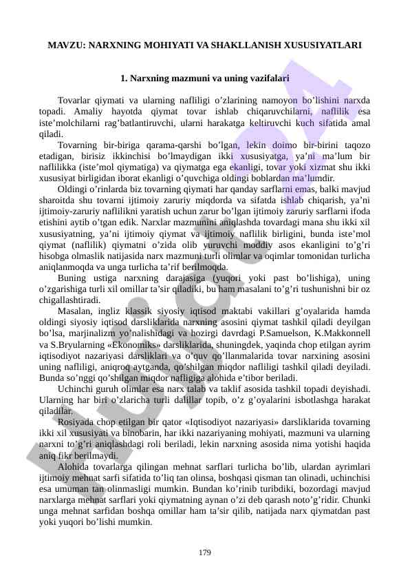 Narxning mohiyati va shakllanish xususiyatlari