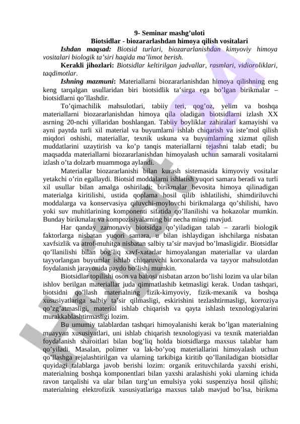 Biotsidlar va biozararlanishdan himoya usullari
