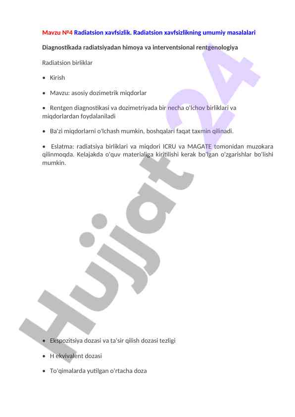 Radiatsion xavfsizlik va diagnostikada himoya usullari