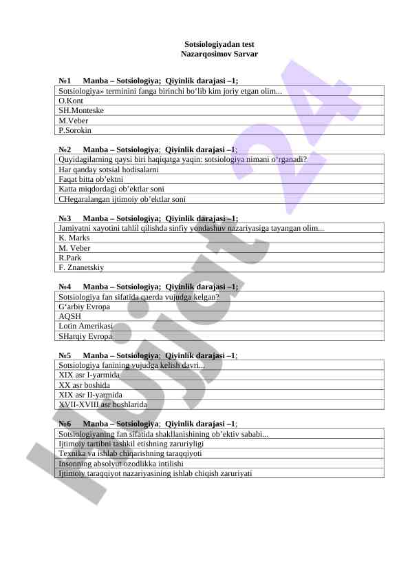Sotsiologiya fanidan test bilan tanishing