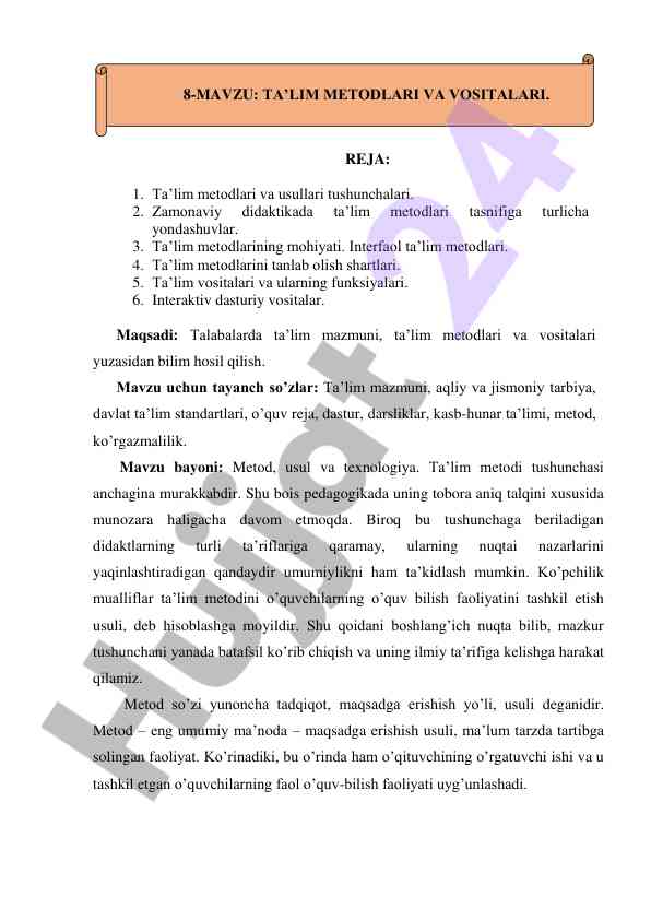 Taʼlim metodlari va usullari tushunchalari