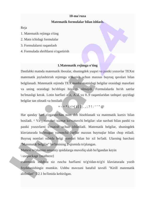 Matematik formulalar bilan ishlash: ma'ruza 10