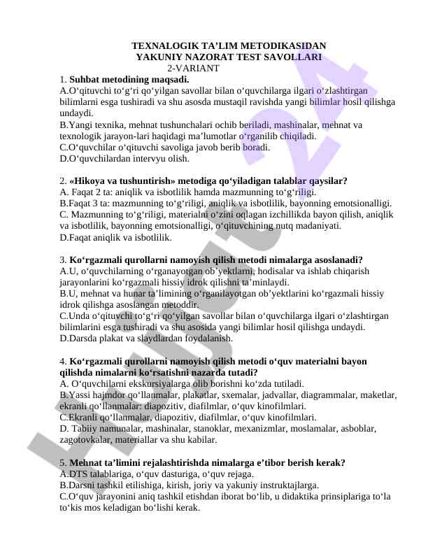 Texnologik ta’lim metodikasi bo‘yicha nazorat testi
