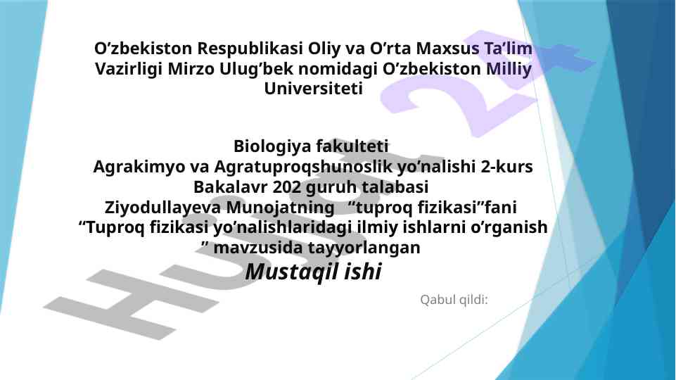 Tuproq fizikasi yo’nalishlaridagi ilmiy ishlarni o’rganish