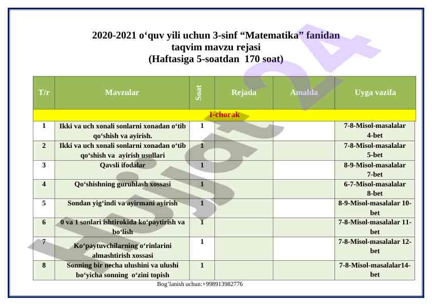 3-sinf matematika fanidan taqvim mavzu rejasi