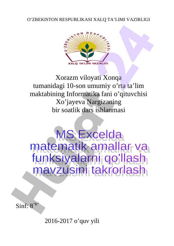 Ms excelda matematik amallarni qo‘llash dars ishlanmasi