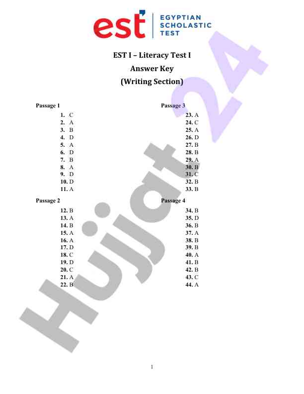 Est i literacy test i answer key writing section