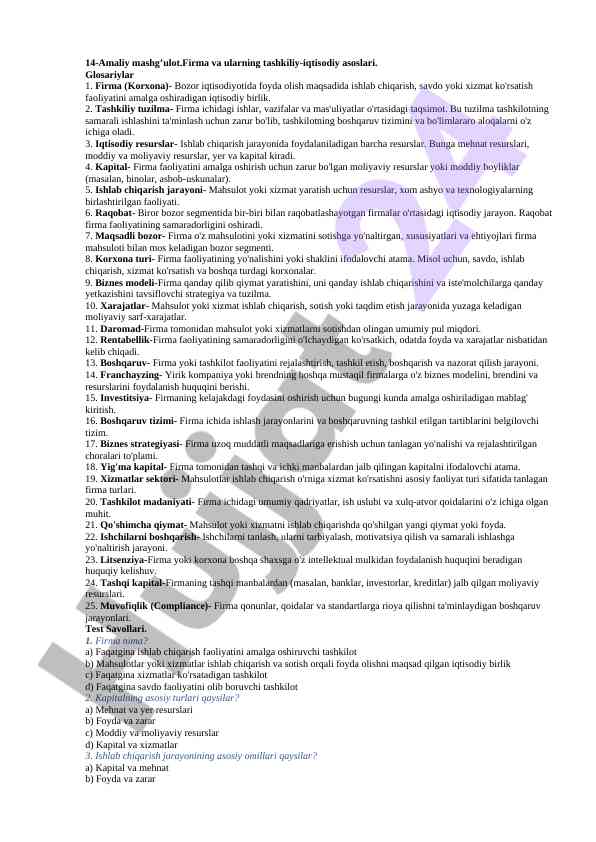 Firma va ularning tashkiliy-iqtisodiy asoslari