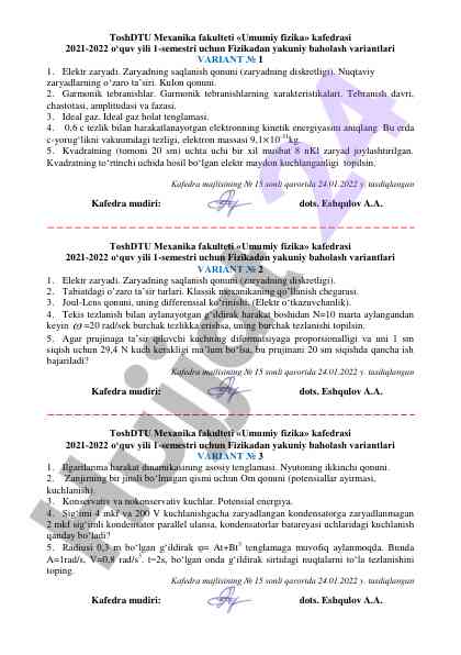 Fizikadan yakuniy baholash variantlari 2021-2022