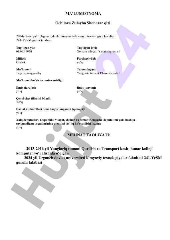 Urganch davlat universitetida o‘qish haqida ma'lumotnoma