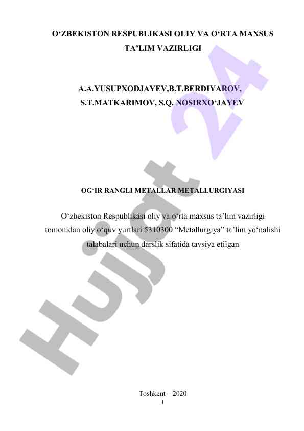 Og‘ir rangli metallar metallurgiyasi darsligi