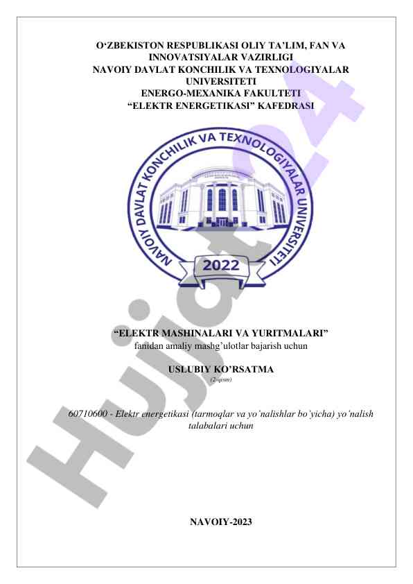 Elektr energetikasi amaliy mashg'ulotlari uslubiy ko'rsatma
