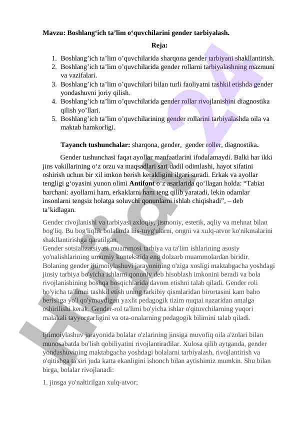 Boshlang‘ich ta’lim o‘quvchilarini gender tarbiyalash