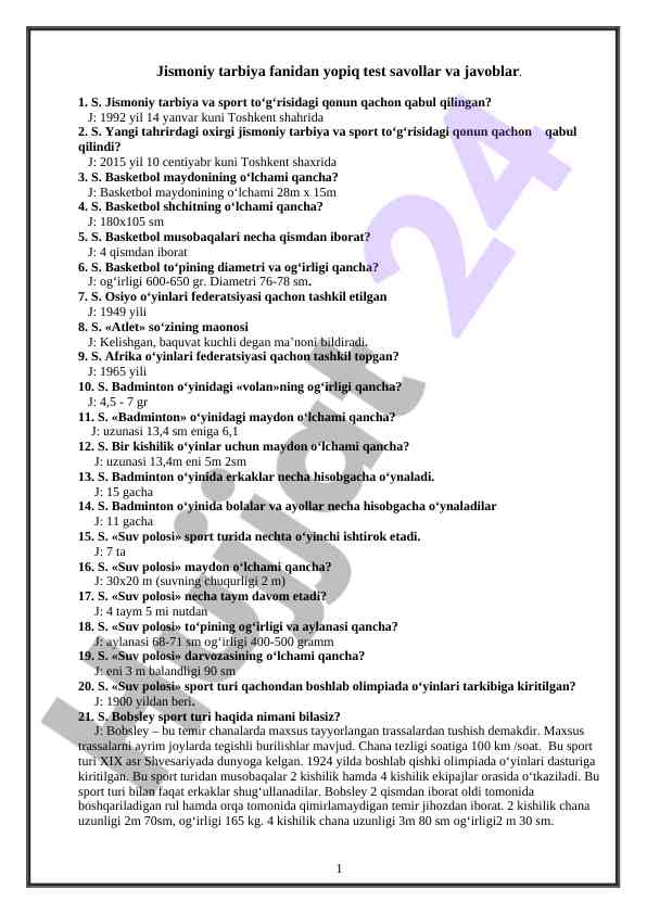 Jismoniy Tarbiya Fanidan Test Savollari