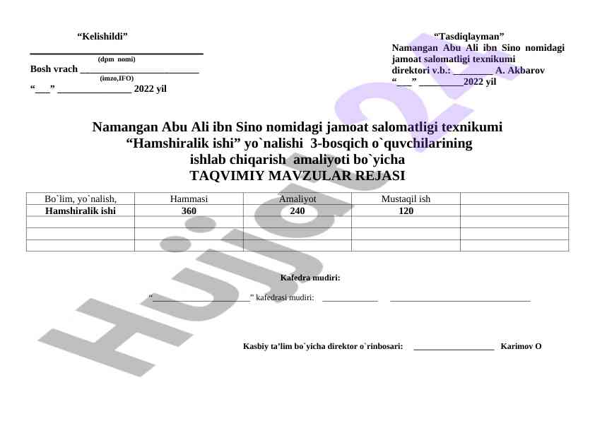 Hamshiralik ishida mutahassislikka kirish rejasi