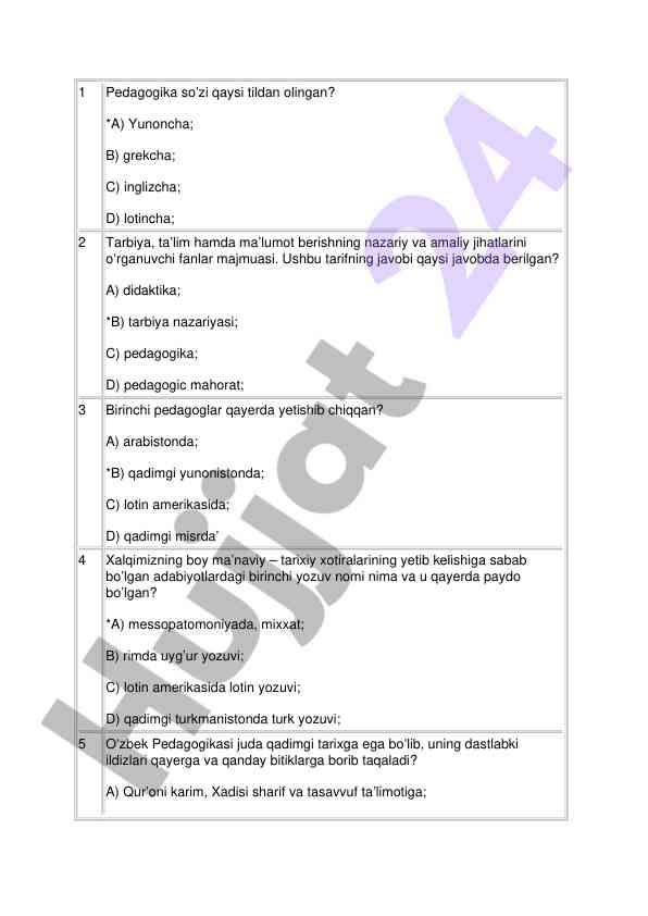 Pedagogika nazariyasi bo'yicha test savollari