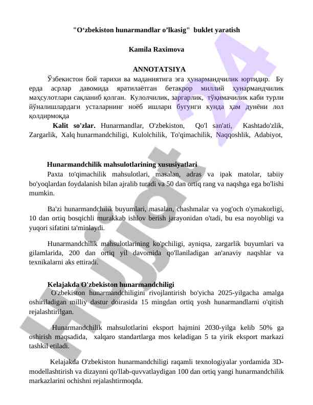 O'zbekiston hunarmandchiligi: an'analar va innovatsiyalar