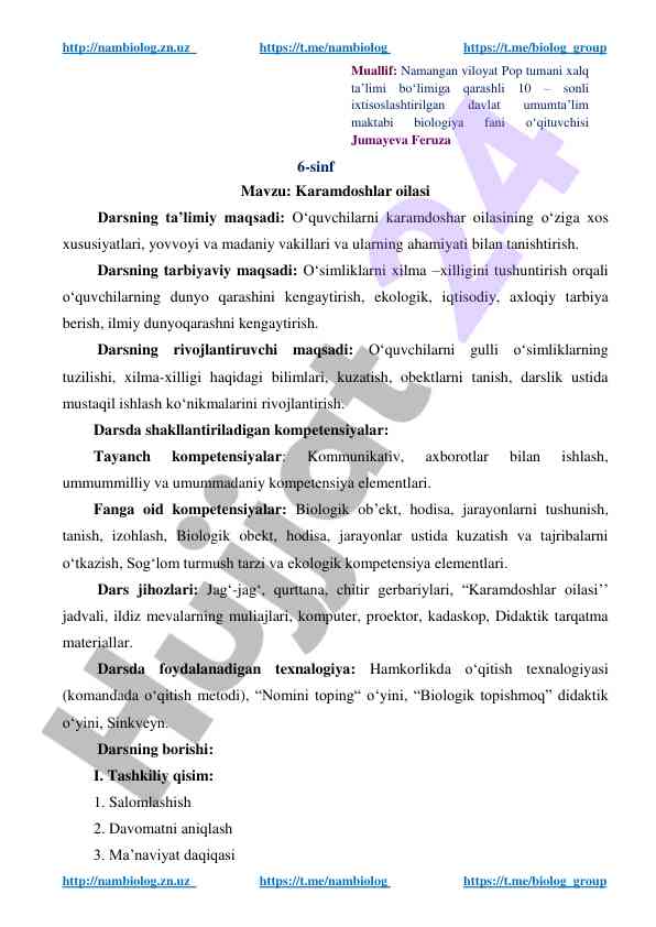 Karamdoshlar oilasi dars ishlanuvchi maqsadlari